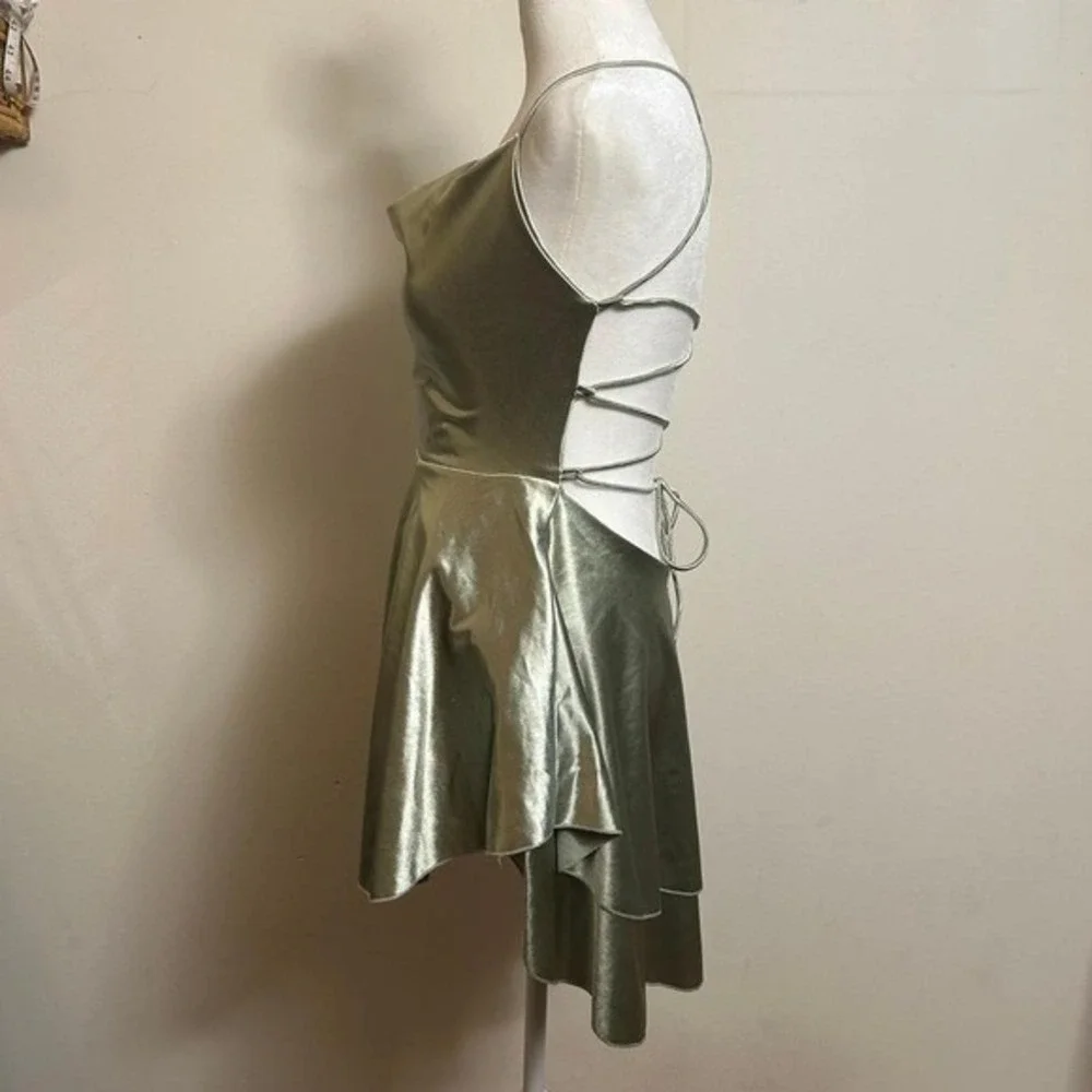Strappy Lace Up Back‎ Mini Dress Sage Green Large Excellent Festival Fairy